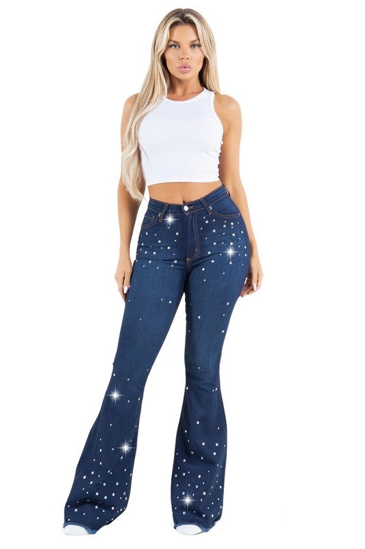 Vegas Glam Rhinestone Bell Bottom Jeans - High Rise in dark wash - button front, mini - alternate view