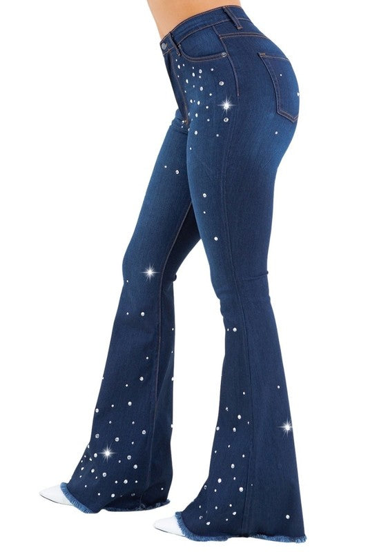 Vegas Glam Rhinestone Bell Bottom Jeans - High Rise in dark wash - button front, mini - detail view
