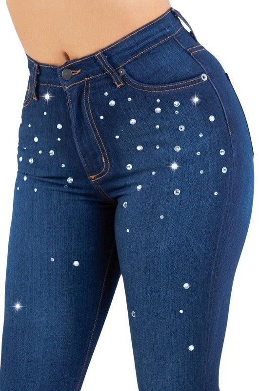 Vegas Glam Rhinestone Bell Bottom Jeans - High Rise in dark wash - button front, mini - detail view