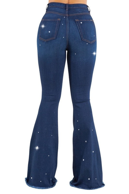 Vegas Glam Rhinestone Bell Bottom Jeans - High Rise in dark wash - button front, mini - view 5