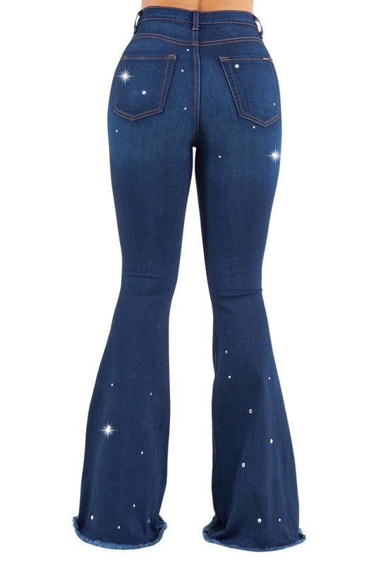 Vegas Glam Rhinestone Bell Bottom Jeans - High Rise in dark wash - button front, mini - view 5