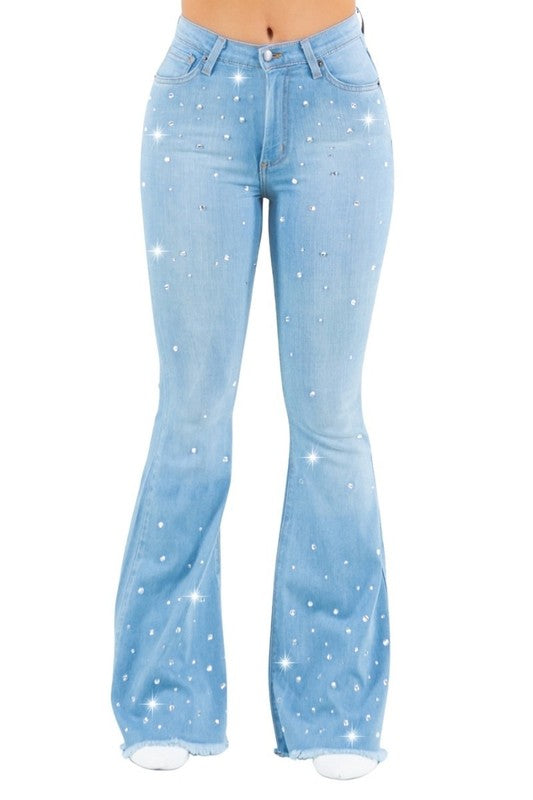 Vegas Glam Rhinestone Bell Bottom Jeans - High Rise Stretch Denim in light wash - maxi, denim - front view