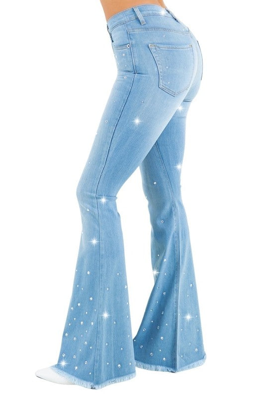 Vegas Glam Rhinestone Bell Bottom Jeans - High Rise Stretch Denim in light wash - maxi, denim - alternate view