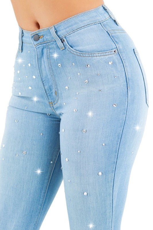 Vegas Glam Rhinestone Bell Bottom Jeans - High Rise Stretch Denim in light wash - maxi, denim - detail view