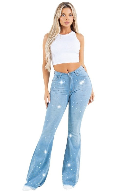 Vegas Glam Rhinestone Bell Bottom Jeans - High Rise Stretch Denim in light wash - maxi, denim - view 4
