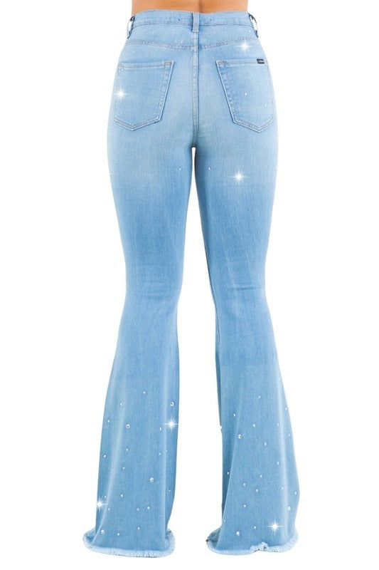 Vegas Glam Rhinestone Bell Bottom Jeans - High Rise Stretch Denim in light wash - maxi, denim - view 5