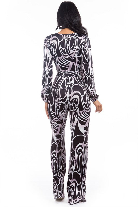 Velenza Abstract Print V-Neck Belted Jumpsuit in MULTI PRINT - v neck, cropped - alternate view