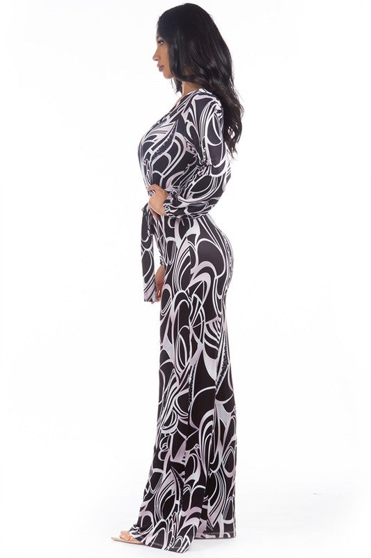 Velenza Abstract Print V-Neck Belted Jumpsuit in MULTI PRINT - v neck, cropped - detail view