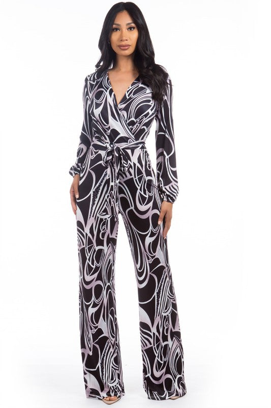 Velenza Abstract Print V-Neck Belted Jumpsuit in MULTI PRINT - v neck, cropped - view 4