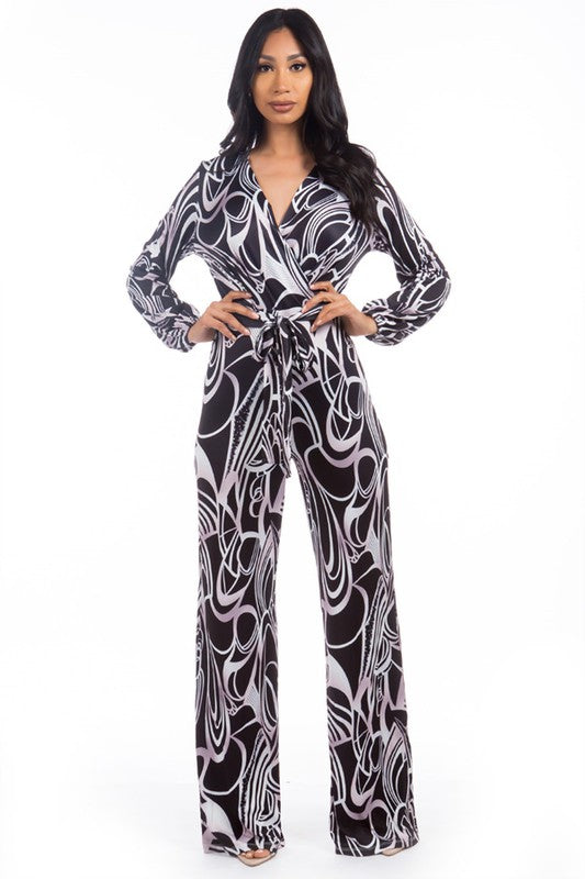 Velenza Abstract Print V-Neck Belted Jumpsuit in MULTI PRINT - v neck, cropped - view 5