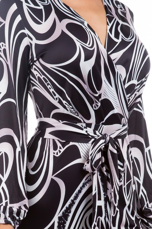 Velenza Abstract Print V-Neck Belted Jumpsuit in MULTI PRINT - v neck, cropped - view 6