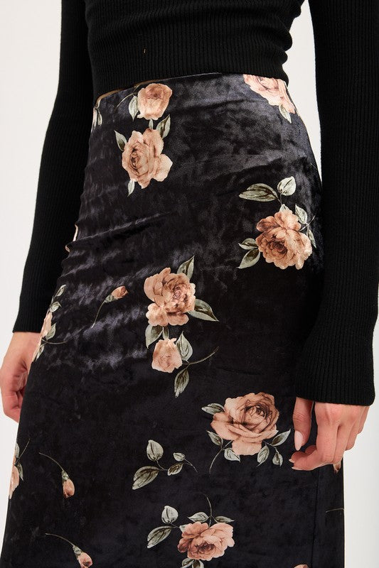 Velour Bloom High Waist Maxi Pencil Skirt in BLACK BLUSH - turtleneck, maxi - alternate view
