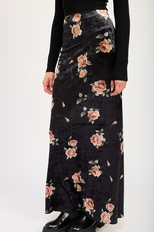 Velour Bloom High Waist Maxi Pencil Skirt in BLACK BLUSH - turtleneck, maxi - detail view