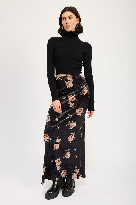 Velour Bloom High Waist Maxi Pencil Skirt in BLACK BLUSH - turtleneck, maxi - view 4