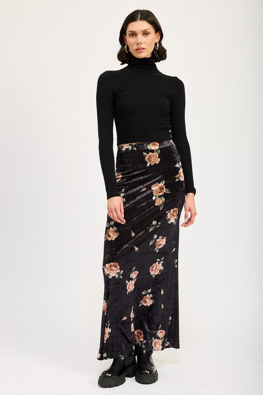 Velour Bloom High Waist Maxi Pencil Skirt in BLACK BLUSH - turtleneck, maxi - view 5