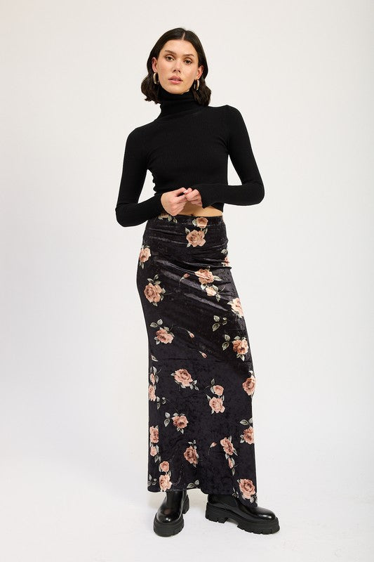 Velour Bloom High Waist Maxi Pencil Skirt in BLACK BLUSH - turtleneck, maxi - view 6