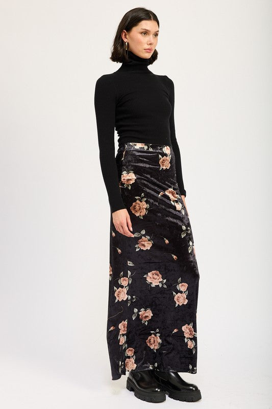 Velour Bloom High Waist Maxi Pencil Skirt in BLACK BLUSH - turtleneck, maxi - view 7