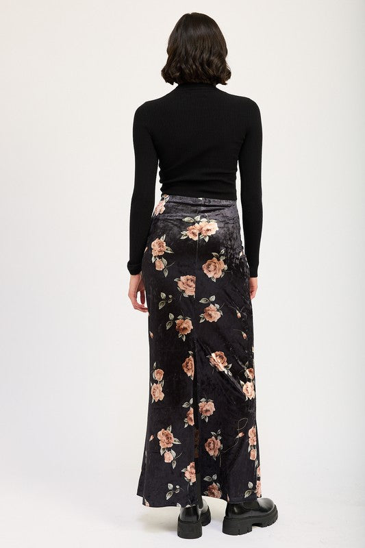 Velour Bloom High Waist Maxi Pencil Skirt in BLACK BLUSH - turtleneck, maxi - view 8