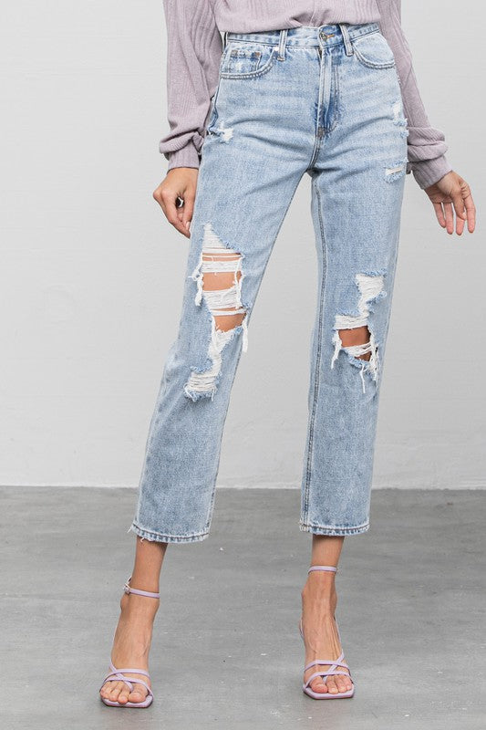 Verona Distressed High Rise Girlfriend Jeans in LIGHT - oversized, cropped - front view