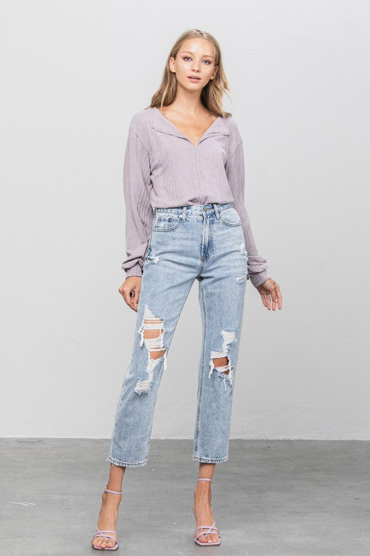 Verona Distressed High Rise Girlfriend Jeans in LIGHT - oversized, cropped - view 11