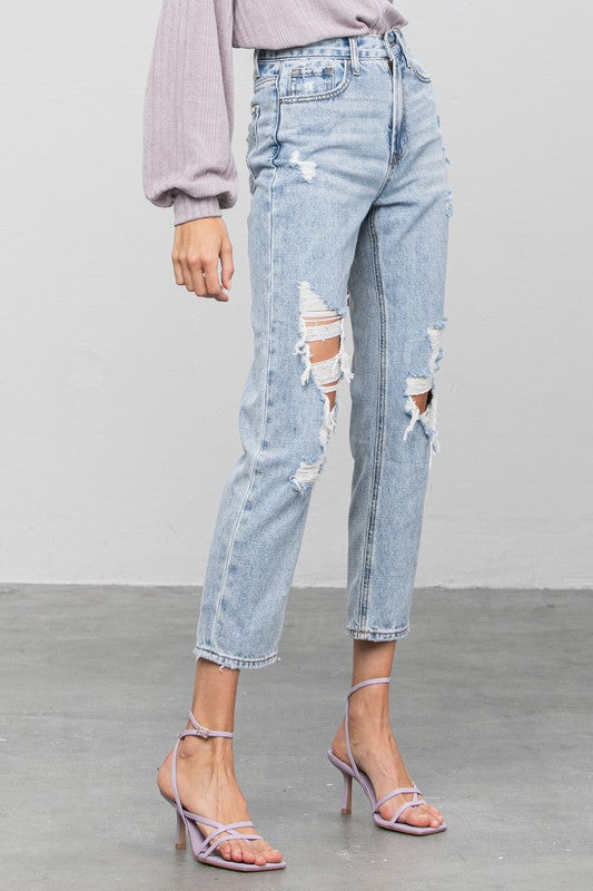 Verona Distressed High Rise Girlfriend Jeans in LIGHT - oversized, cropped - alternate view