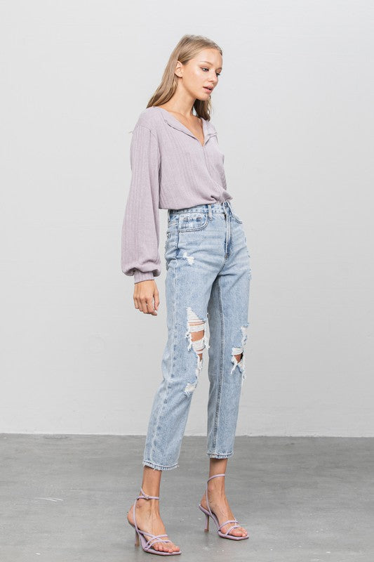 Verona Distressed High Rise Girlfriend Jeans in LIGHT - oversized, cropped - view 6