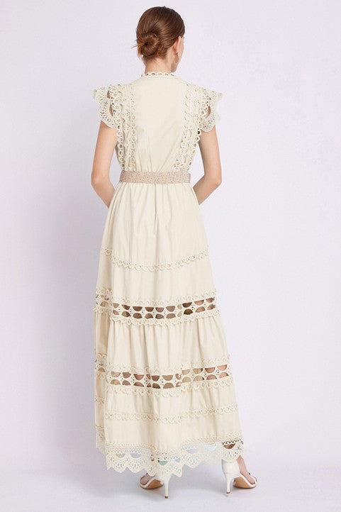 Victoriana Embroidered Ruffle Maxi Dress - button front, round neck - view 11
