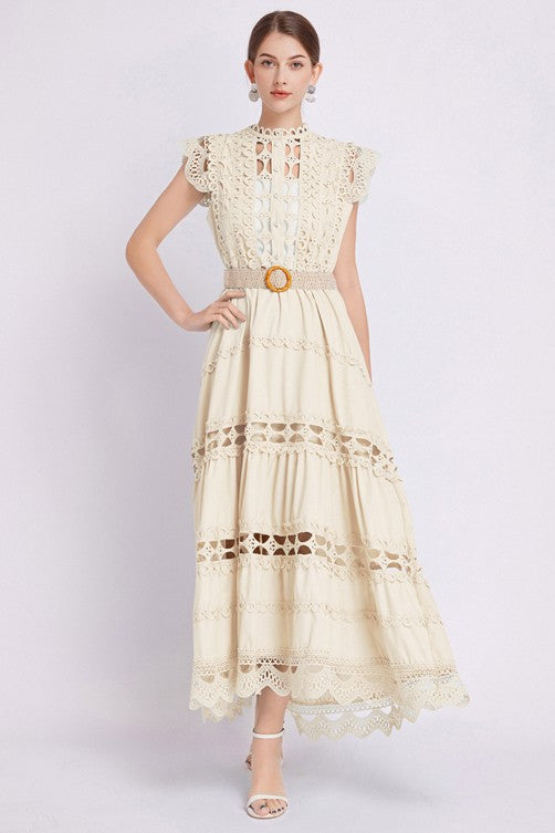 Victoriana Embroidered Ruffle Maxi Dress - button front, round neck - view 13