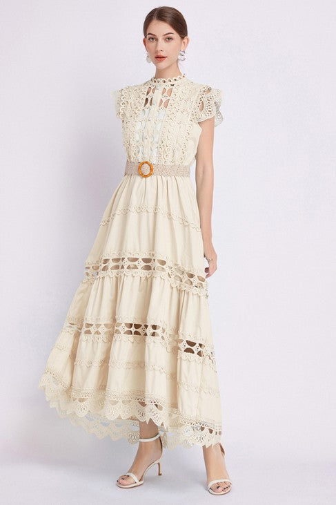 Victoriana Embroidered Ruffle Maxi Dress - button front, round neck - view 15
