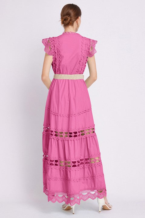 Victoriana Embroidered Ruffle Maxi Dress - button front, round neck - view 16