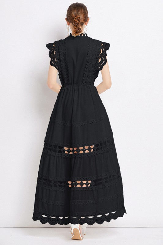 Victoriana Embroidered Ruffle Maxi Dress - button front, round neck - view 21