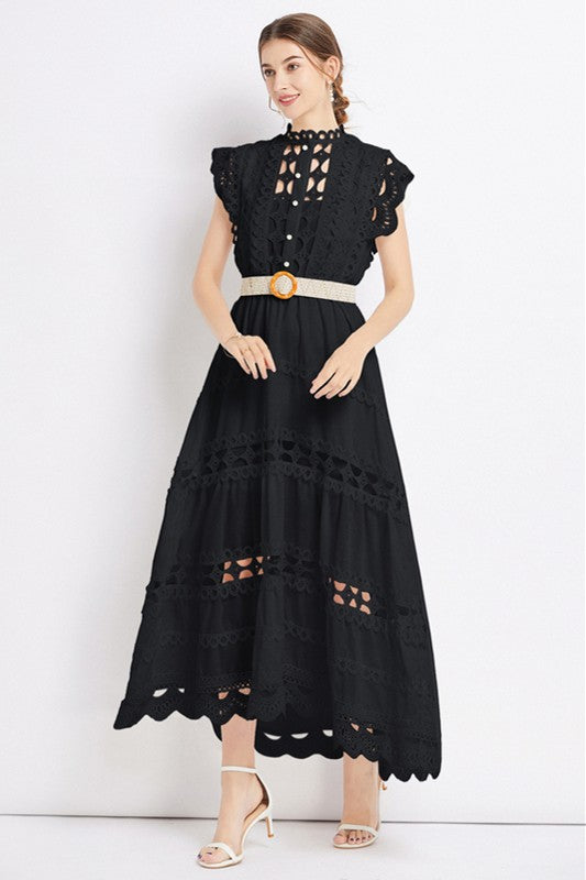 Victoriana Embroidered Ruffle Maxi Dress - button front, round neck - view 24