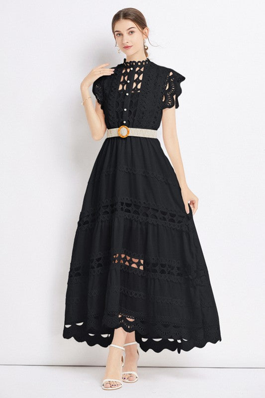 Victoriana Embroidered Ruffle Maxi Dress - button front, round neck - view 26