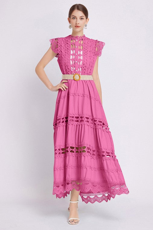 Victoriana Embroidered Ruffle Maxi Dress in FUCHSIA - button front, round neck - view 18
