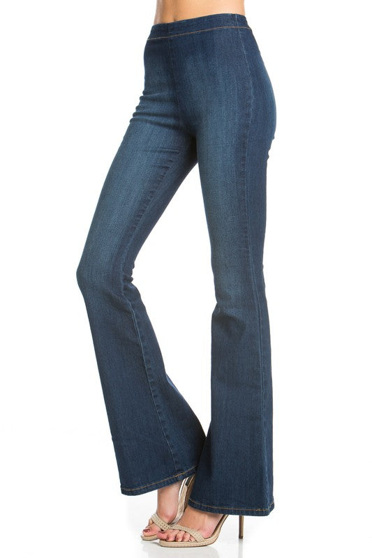 Vintage Flair High-Waist Bell Bottom Denim Pants in Medium Wash - wide leg, high waist - front view