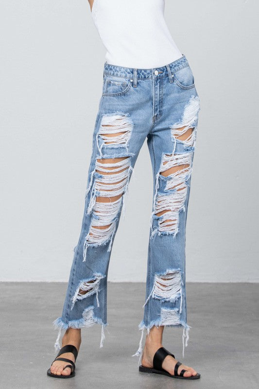 Vintage Rebel Distressed Frayed Hem Straight Jeans in LIGHT - oversized, cropped - front view