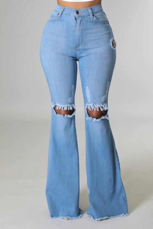 Vintage Revival High-Rise Knee Rip Flare Jeans in Medium Wash - oversized, lace - front view