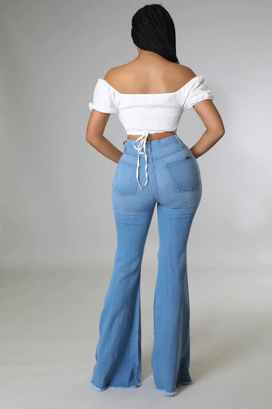 Vintage Revival High-Rise Knee Rip Flare Jeans in Medium Wash - oversized, lace - detail view