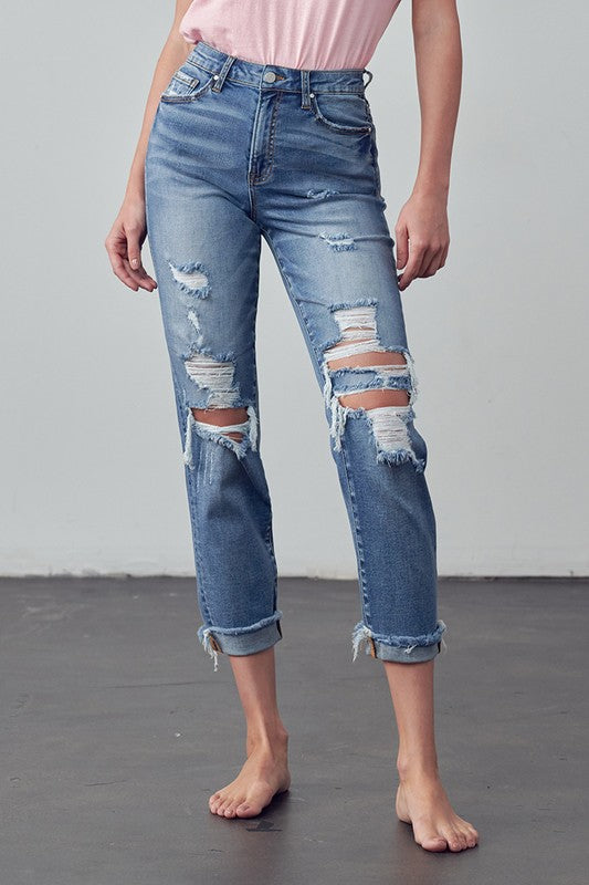 Vintage Vibe Distressed Raw Hem Boyfriend Jeans in DARK - oversized, cropped - view 12