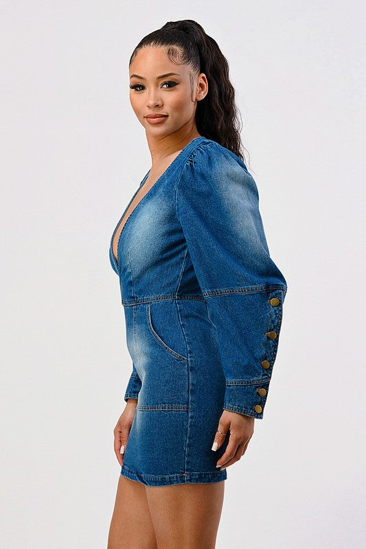 Viviana Plunge Ruffle Denim Mini Dress in DENIM - v neck, cropped - view 6