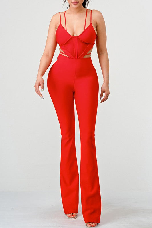Vivienne Corset Detail Double Strap Bodycon Jumpsuit in RED - straight leg, bodycon - front view