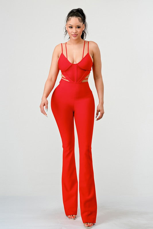 Vivienne Corset Detail Double Strap Bodycon Jumpsuit in RED - straight leg, bodycon - alternate view