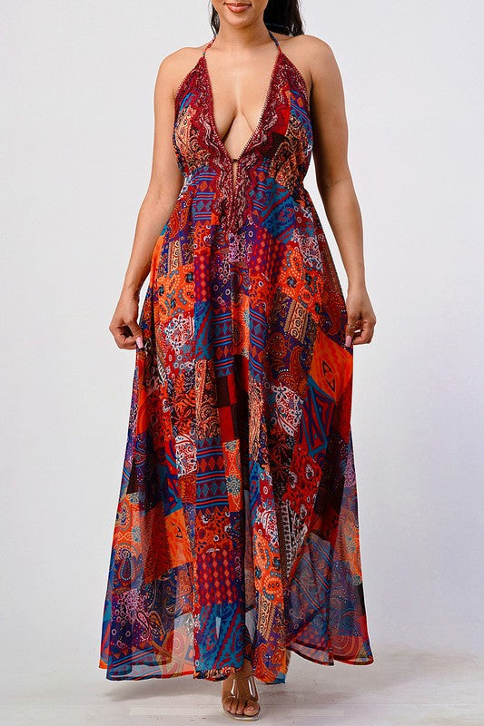 Wanderlust Sequin Trim Halter Maxi Dress in multi - maxi, lace - front view