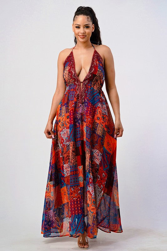 Wanderlust Sequin Trim Halter Maxi Dress in multi - maxi, lace - alternate view