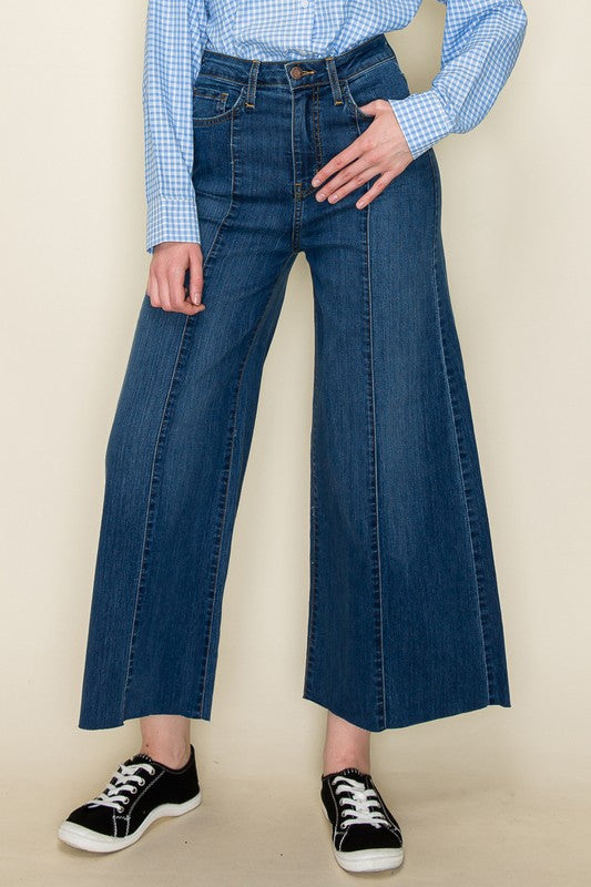 Westwood High-Waist Flare Jeans With Front Seam Detail in Medium Wash - cropped, wide leg - front view