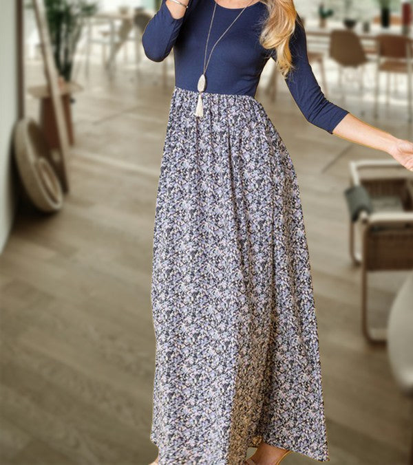 Wildflower Dreams Long Sleeve Maxi Dress in Navy - round neck, maxi - front view