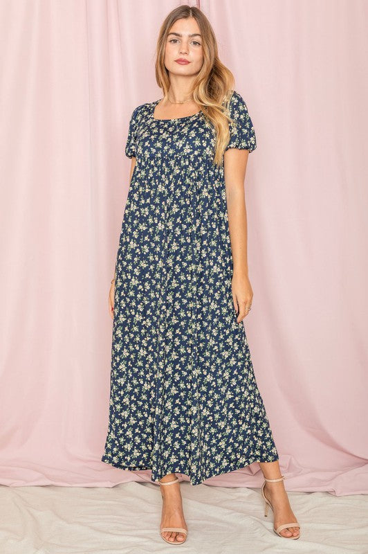 Wildflower Meadow Square Neck Midi Dress in Navy - relaxed fit, midi - front view