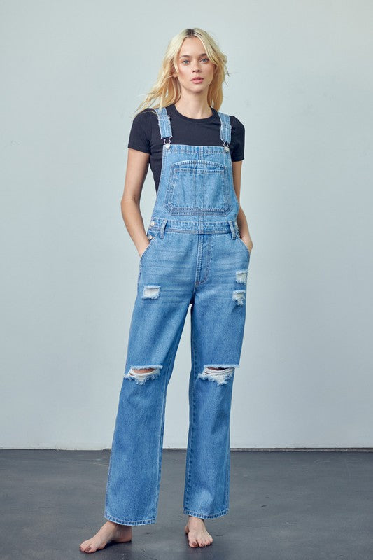 Willow Distressed Denim Overalls With Side Button Closure in MEDIUM - cropped, straight leg - front view