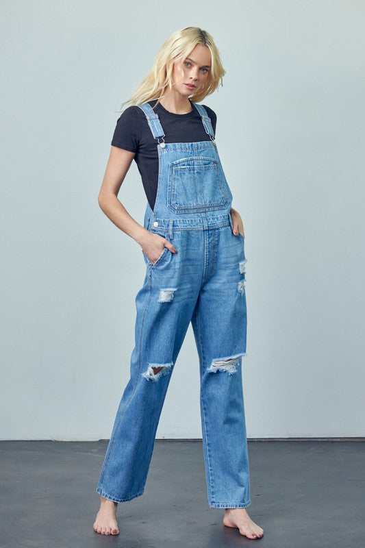 Willow Distressed Denim Overalls With Side Button Closure in MEDIUM - cropped, straight leg - alternate view