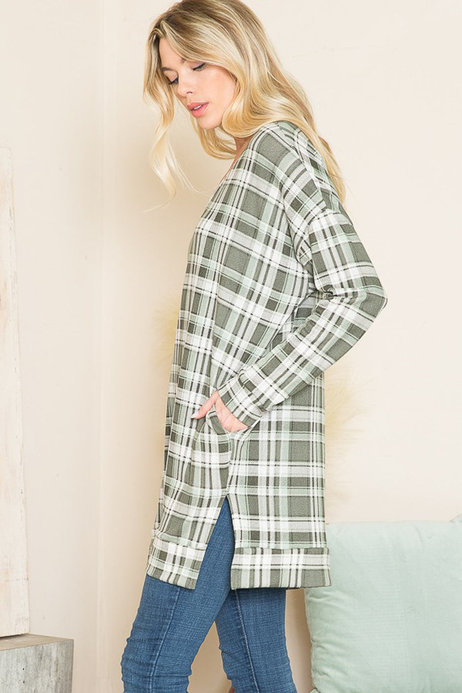 Willow Plaid V-Neck Sweater Tunic With Pockets - v neck, oversized - alternate view